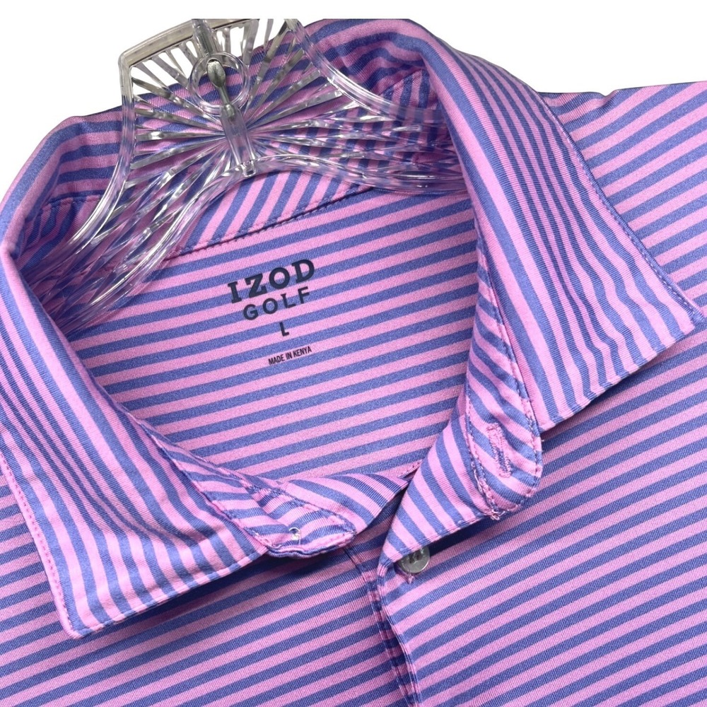 IZOD Golf Mens Large Polo Shirt Purple Pink Striped Short Sleeve Performance L